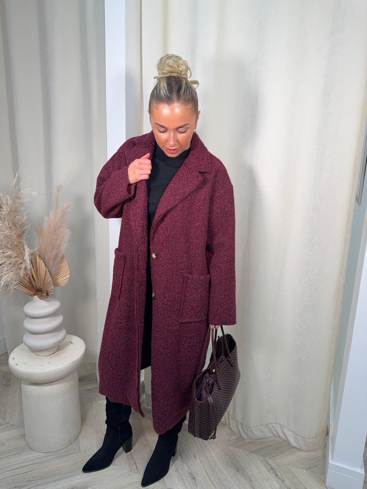 Odette Boucle Longline Coat - Burgundy