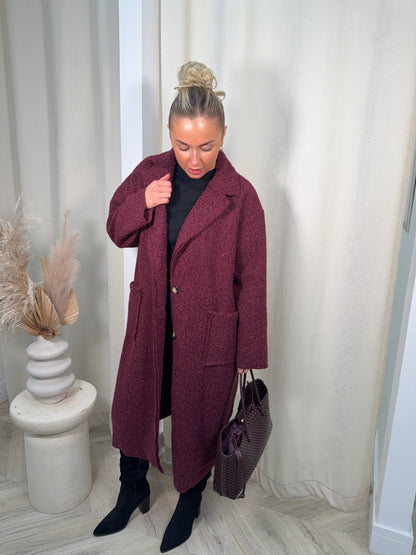 Odette Boucle Longline Coat - Burgundy