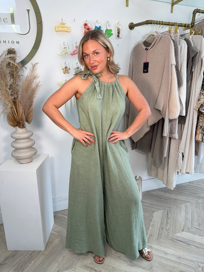 Stevie Linen Bow Tie Jumpsuit - Khaki