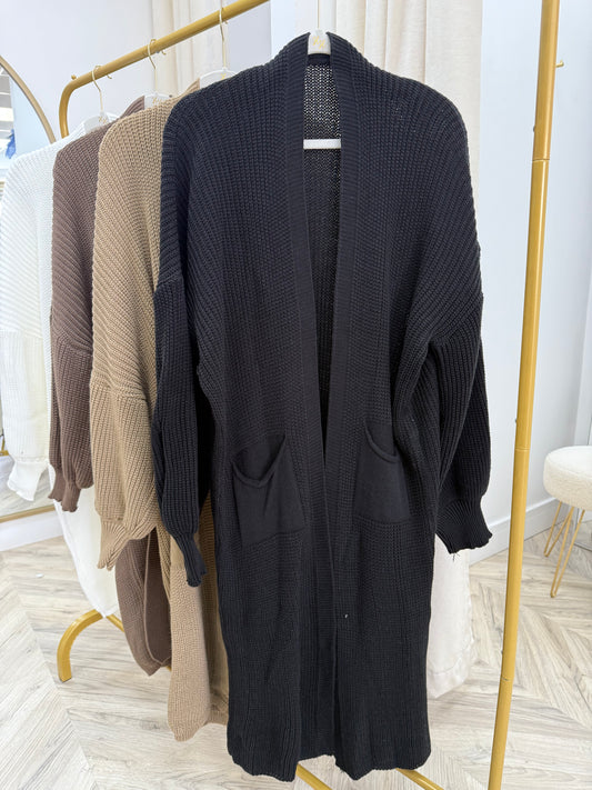 Adele Balloon Sleeved Maxi Cardigan - Black