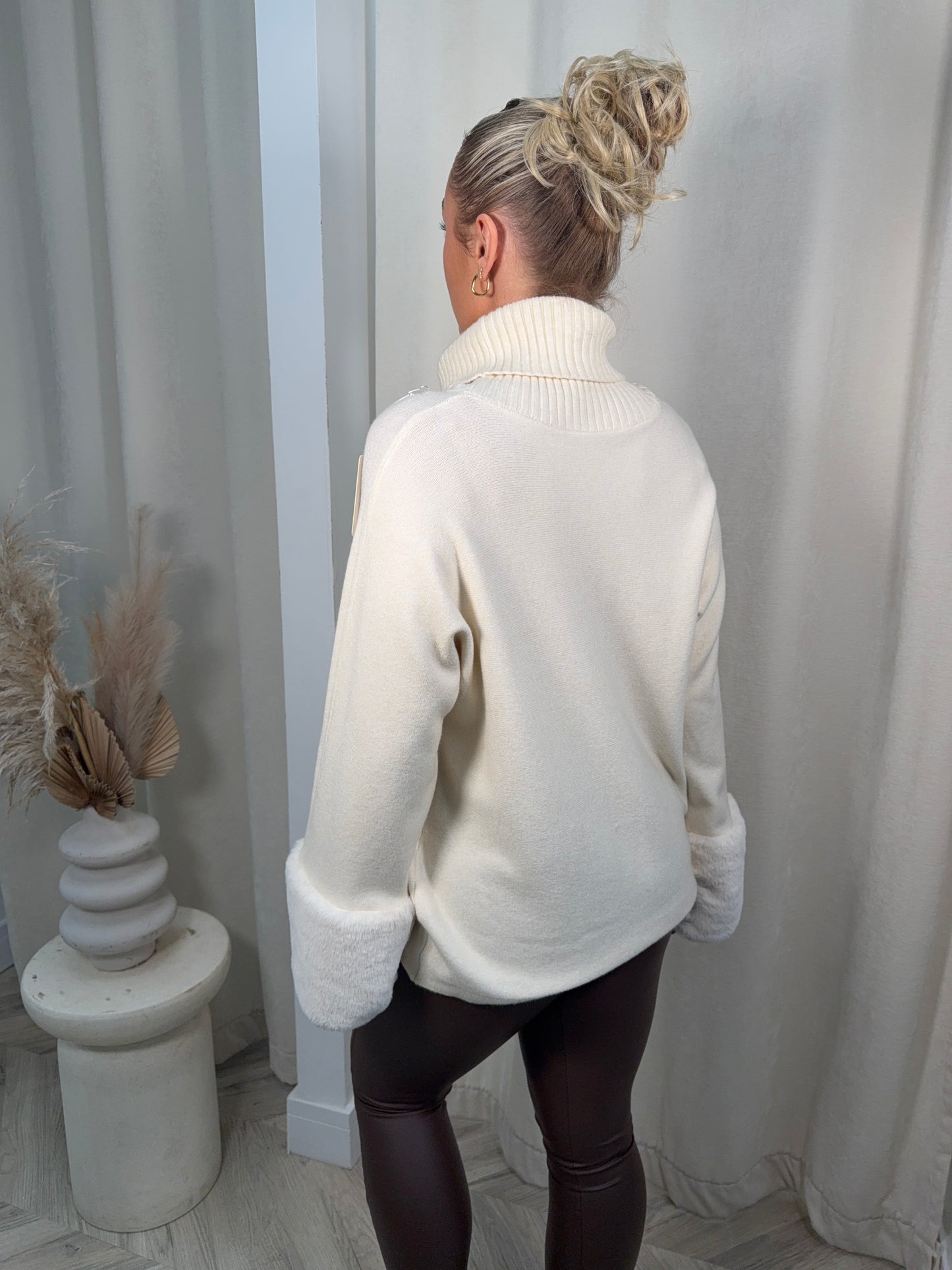 Juliette High Neck Fur Sleeved Sweater - Cream