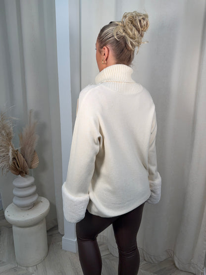 Juliette High Neck Fur Sleeved Sweater - Cream