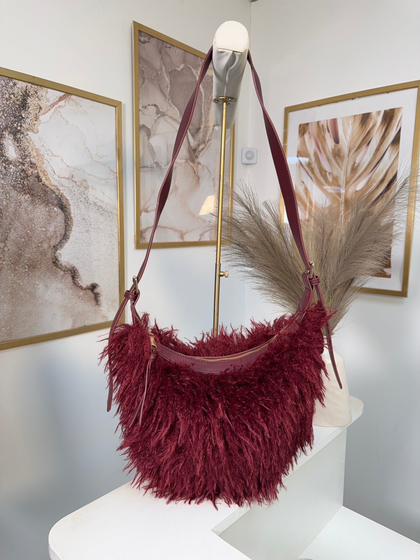 Cally Shaggy Fur Crossbody Bag - BURGUNDY