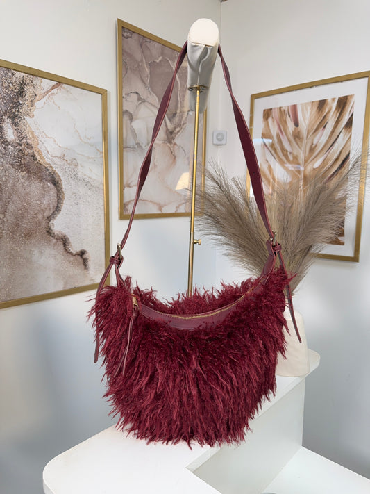 Cally Shaggy Fur Crossbody Bag - BURGUNDY