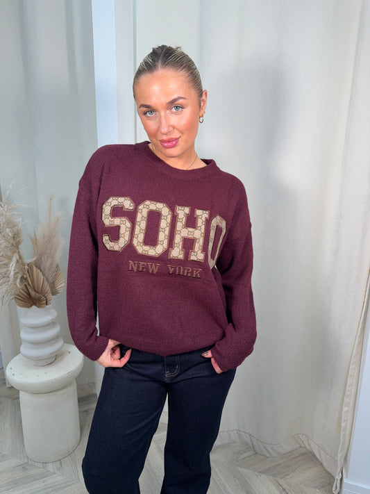 Knitted Soho Printed Sweater - Burgundy