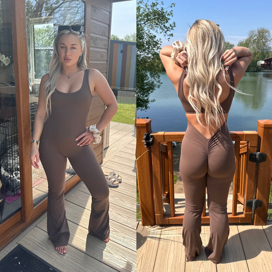 Chocolate Open Back Ruched Bum Jumpsuit