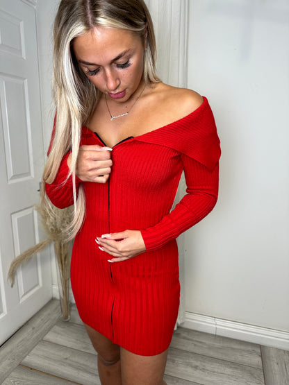 Red Antheia Zip Up Off Shoulder Mini Dress