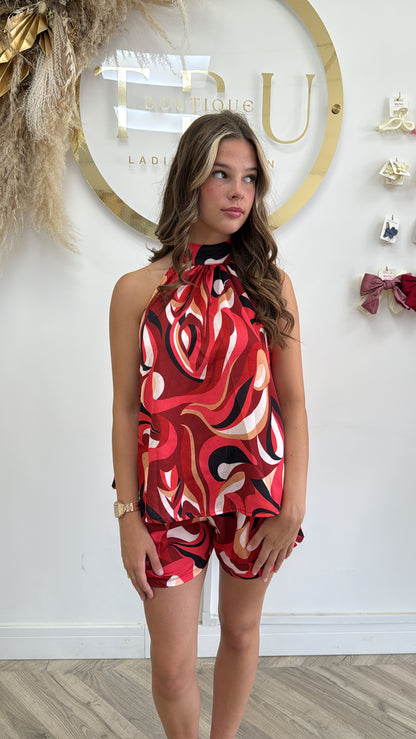 Jess Silk Halter-neck Two Peice - Red