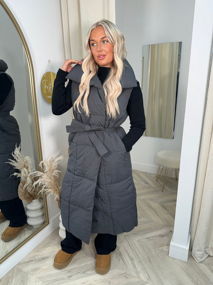 Padded Puffer Tie Holly Sleeveless Coat - Grey