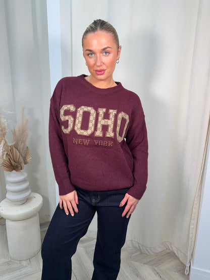 Knitted Soho Printed Sweater - Burgundy