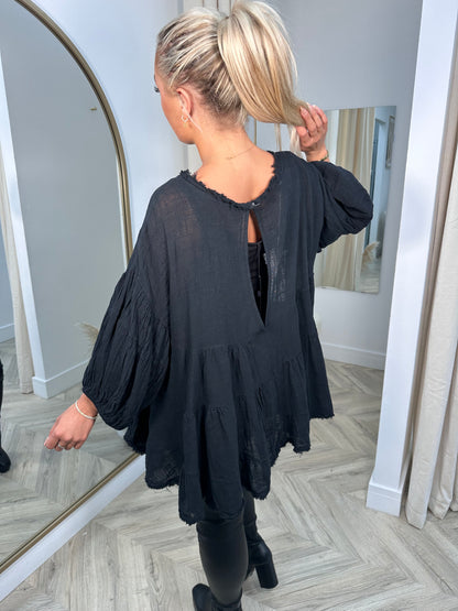 Black Frayed Fleur Linen Top