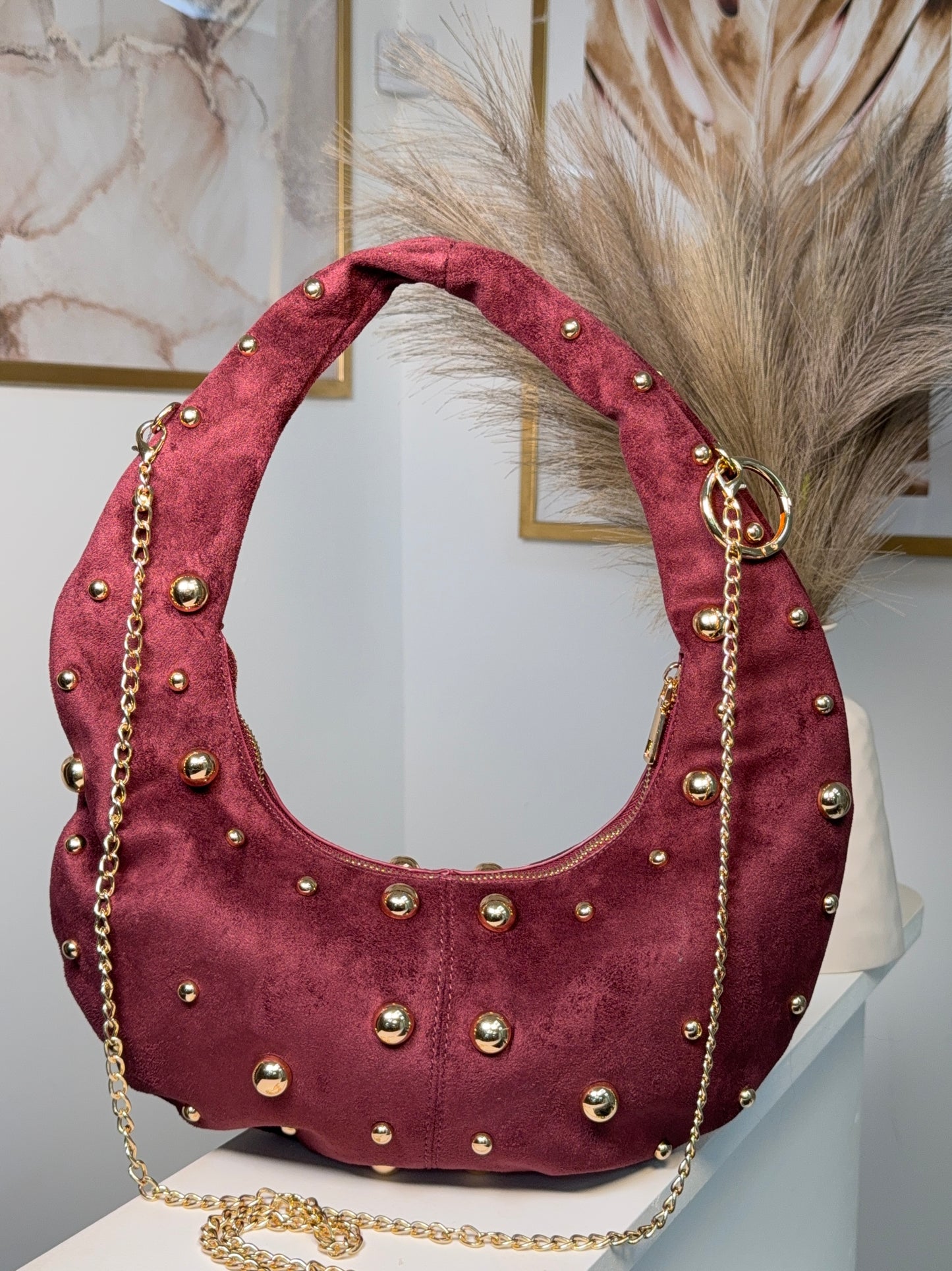 Celeste Suede Gold Detailed Bag - BURGUNDY
