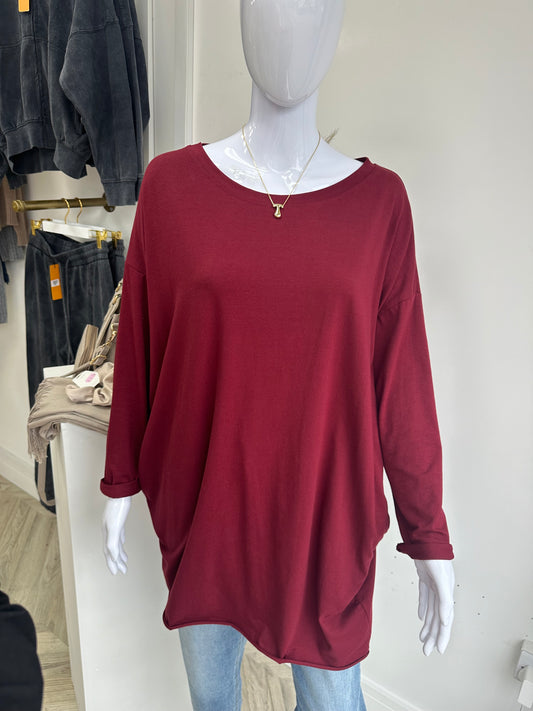 Long Sleeved Savannah Basic Pocketed Tee - BURGUNDY