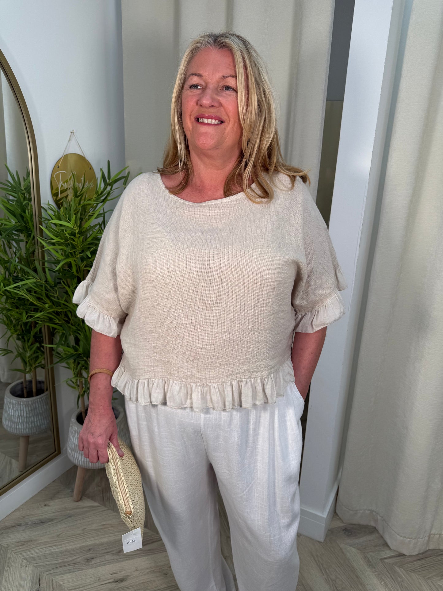 Alexa Linen Frill Top - Stone