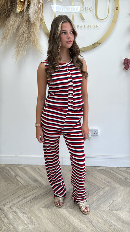 Nellie Stripped Buttoned Front Set - Red & Navy