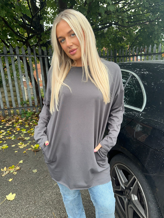 Long Sleeved Savannah Basic Pocketed Tee - DARK GREY