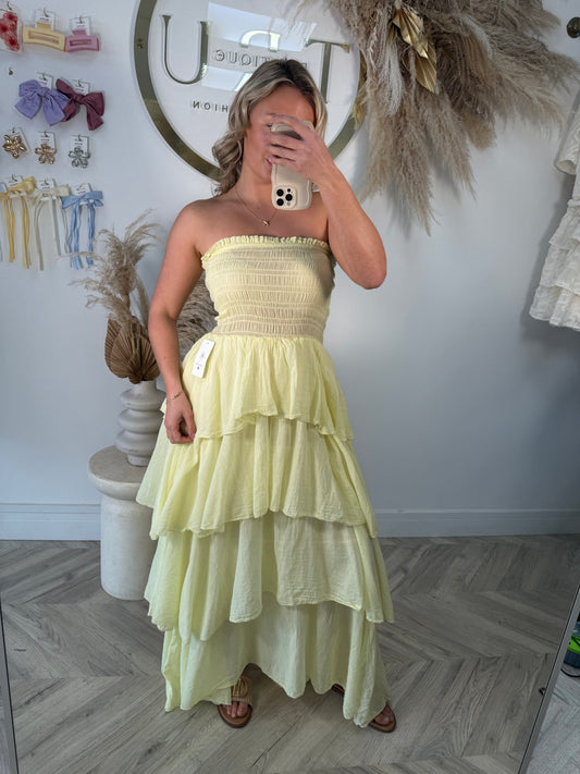 Priscilla Tiered Bandeau Maxi Dress - Lemon