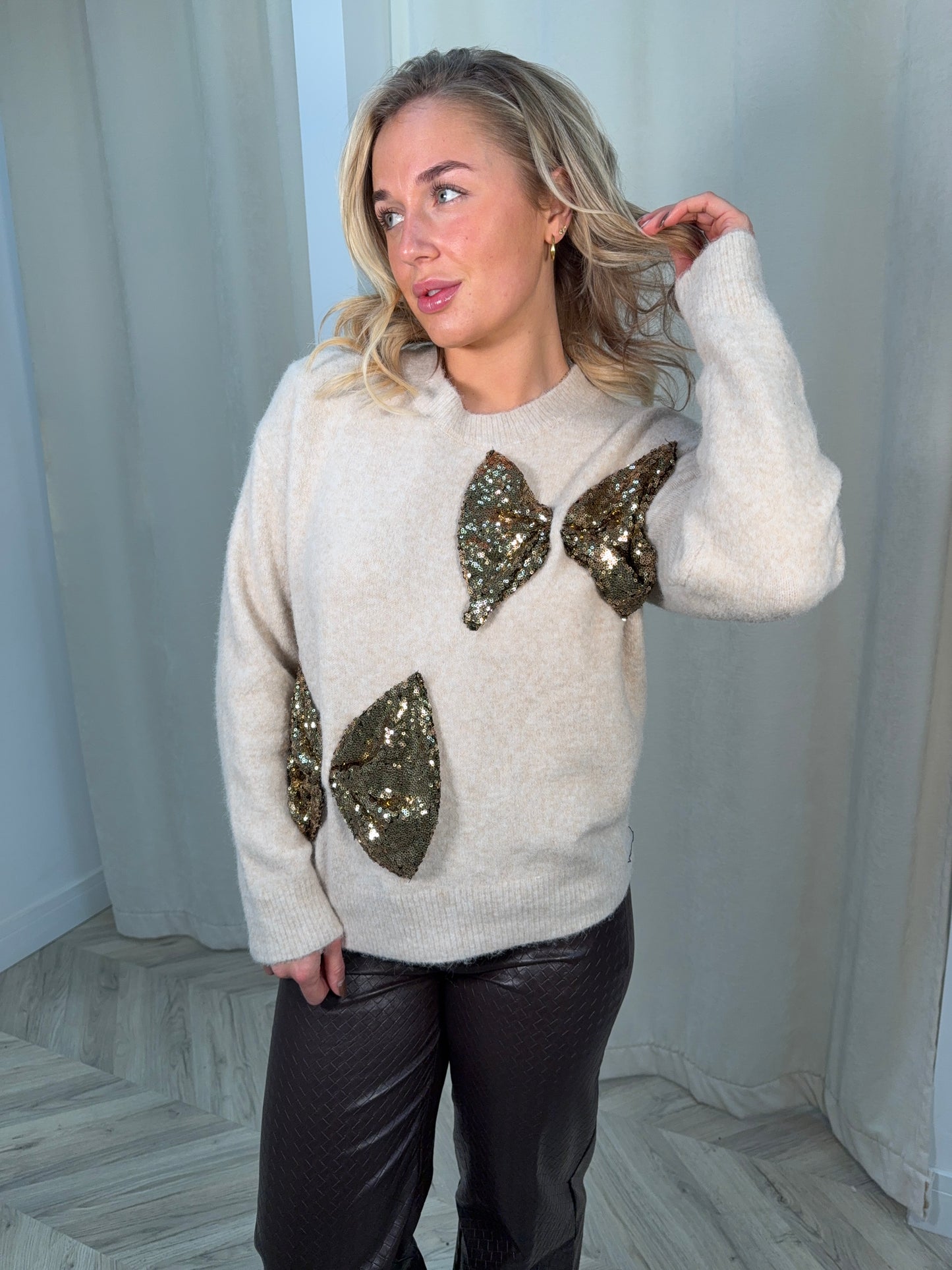 Cindy Bow Sequin Sweater - Cream