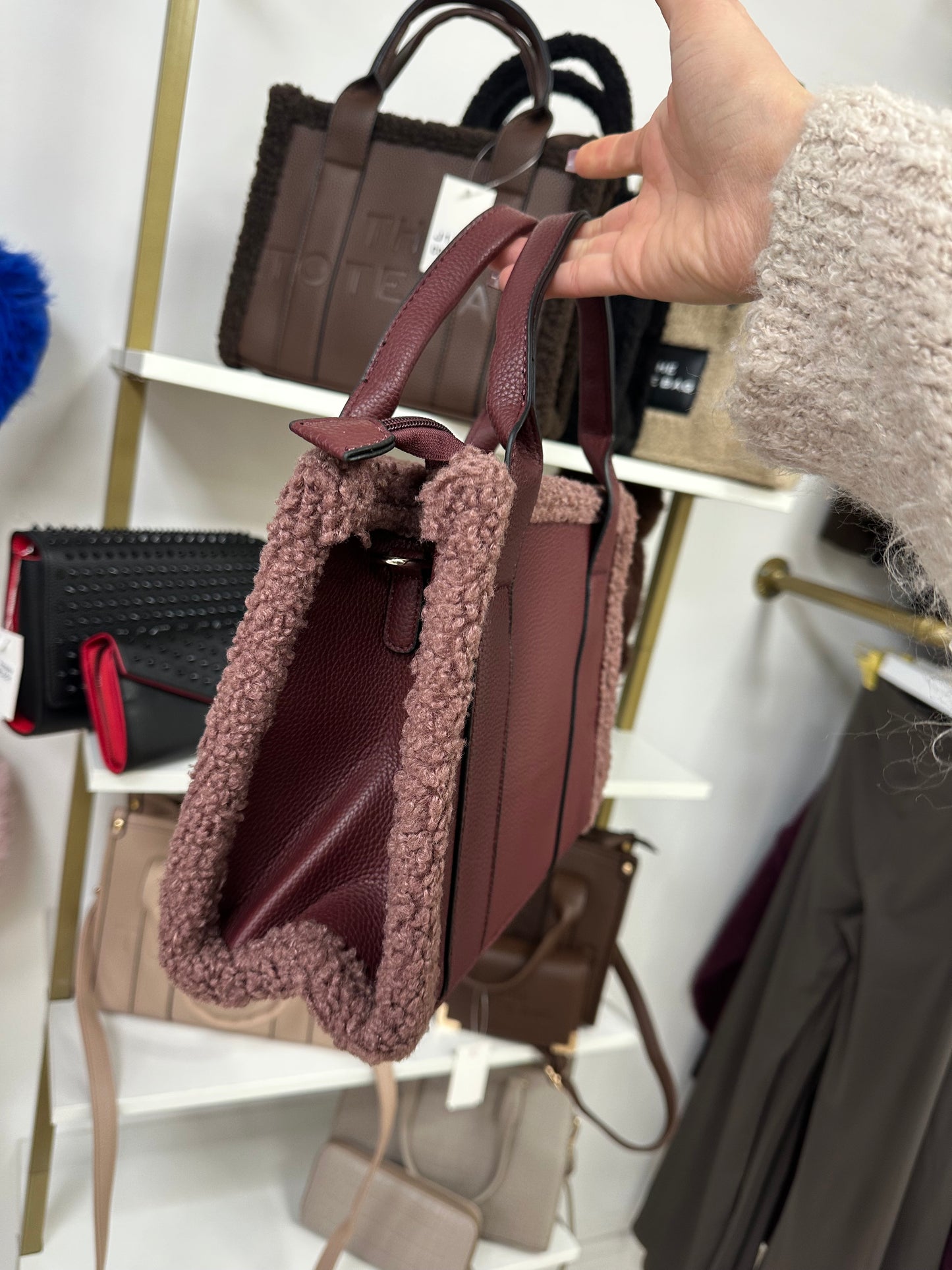 Medium Leather/Boucle Tote Bag - Burgundy