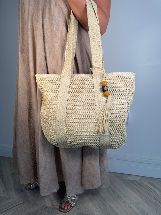 Leane Straw Beaded Beach Bag - Cream