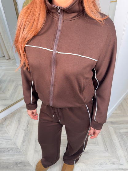 Saffira Brown Stripe Contrast Tracksuit Set