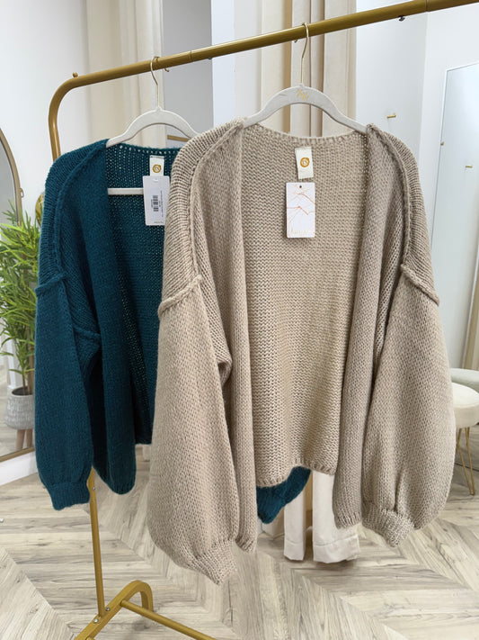 Short Balloon Sleeve Cardigan - Stone