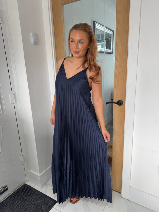 Arianna Pleated Strappy Maxi Dress - Navy