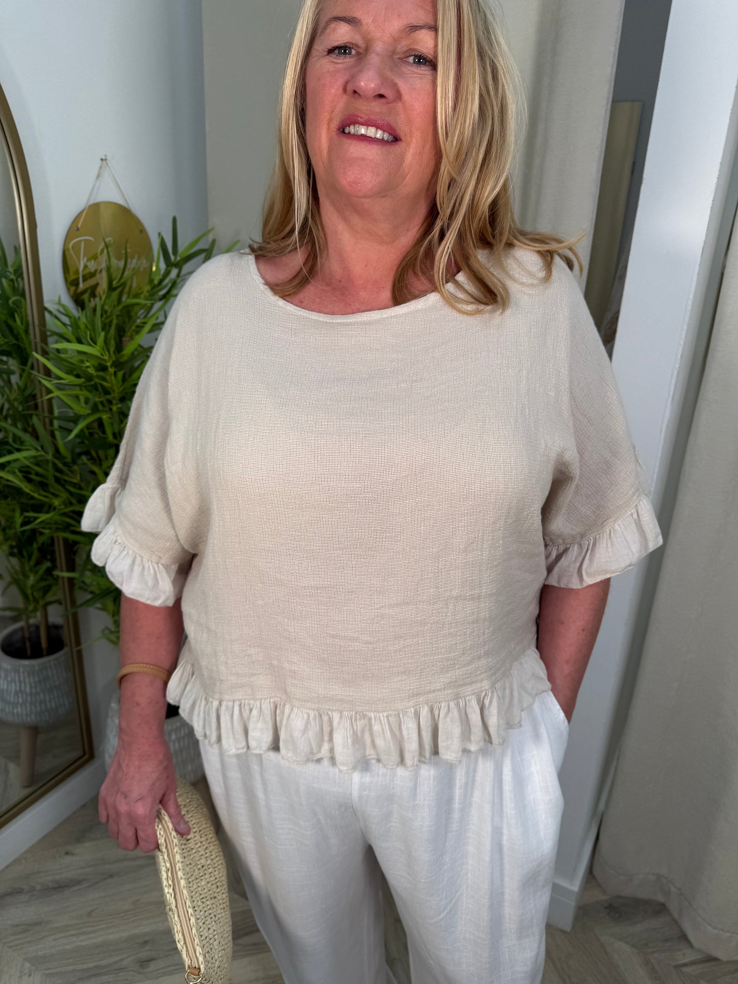 Alexa Linen Frill Top - Stone