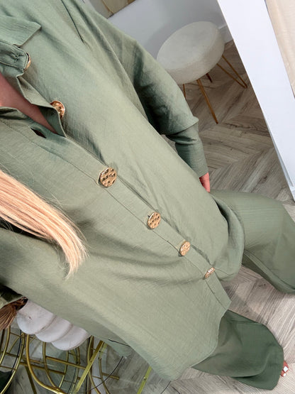 Debra Gold Buttoned Co-ord Set - Khaki