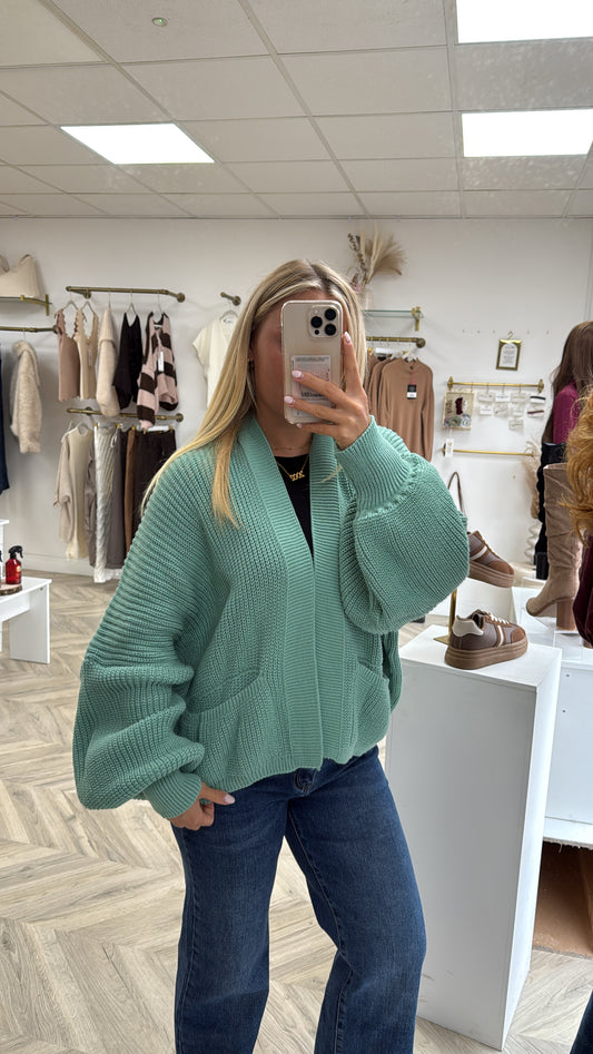 Short Balloon Sleeve Cardigan - Pistashio