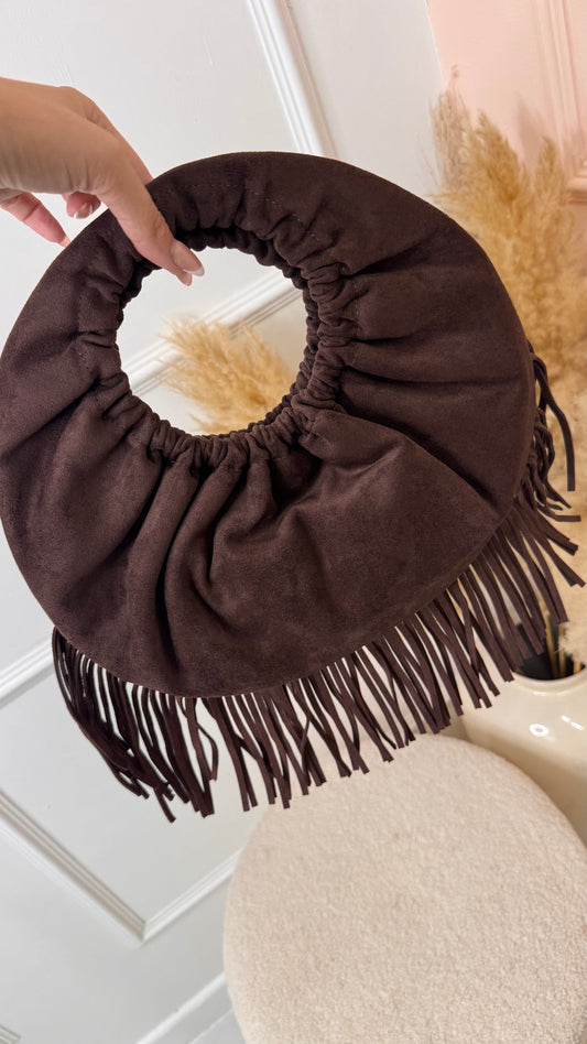 Faux Suede Tassel Grab Bag - Chocolate