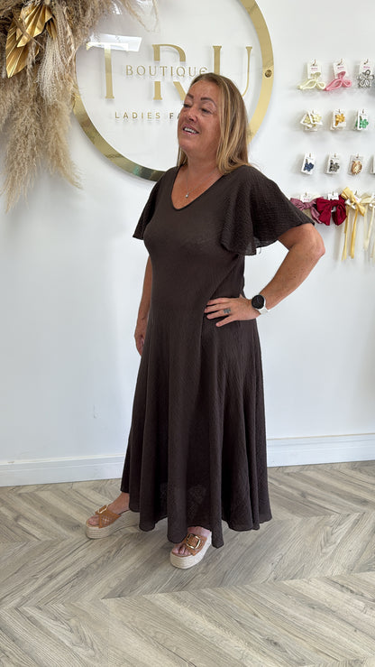 Sandy Frilly Sleeved Maxi Dress - Chocolate