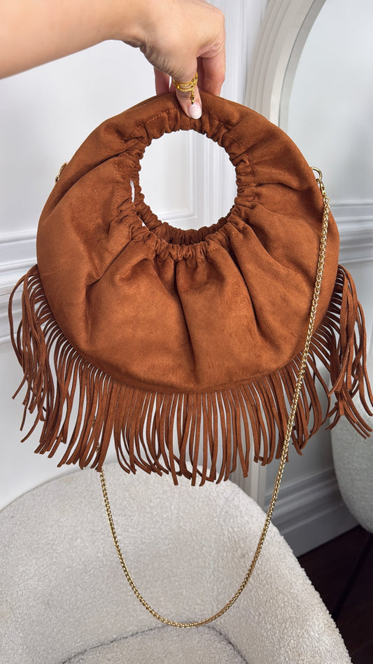Faux Suede Tassel Grab Bag - Tan