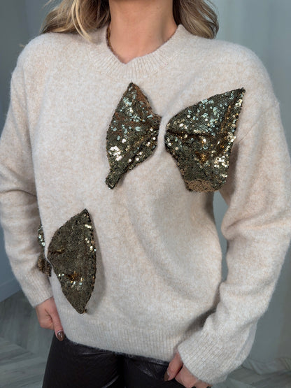 Cindy Bow Sequin Sweater - Cream