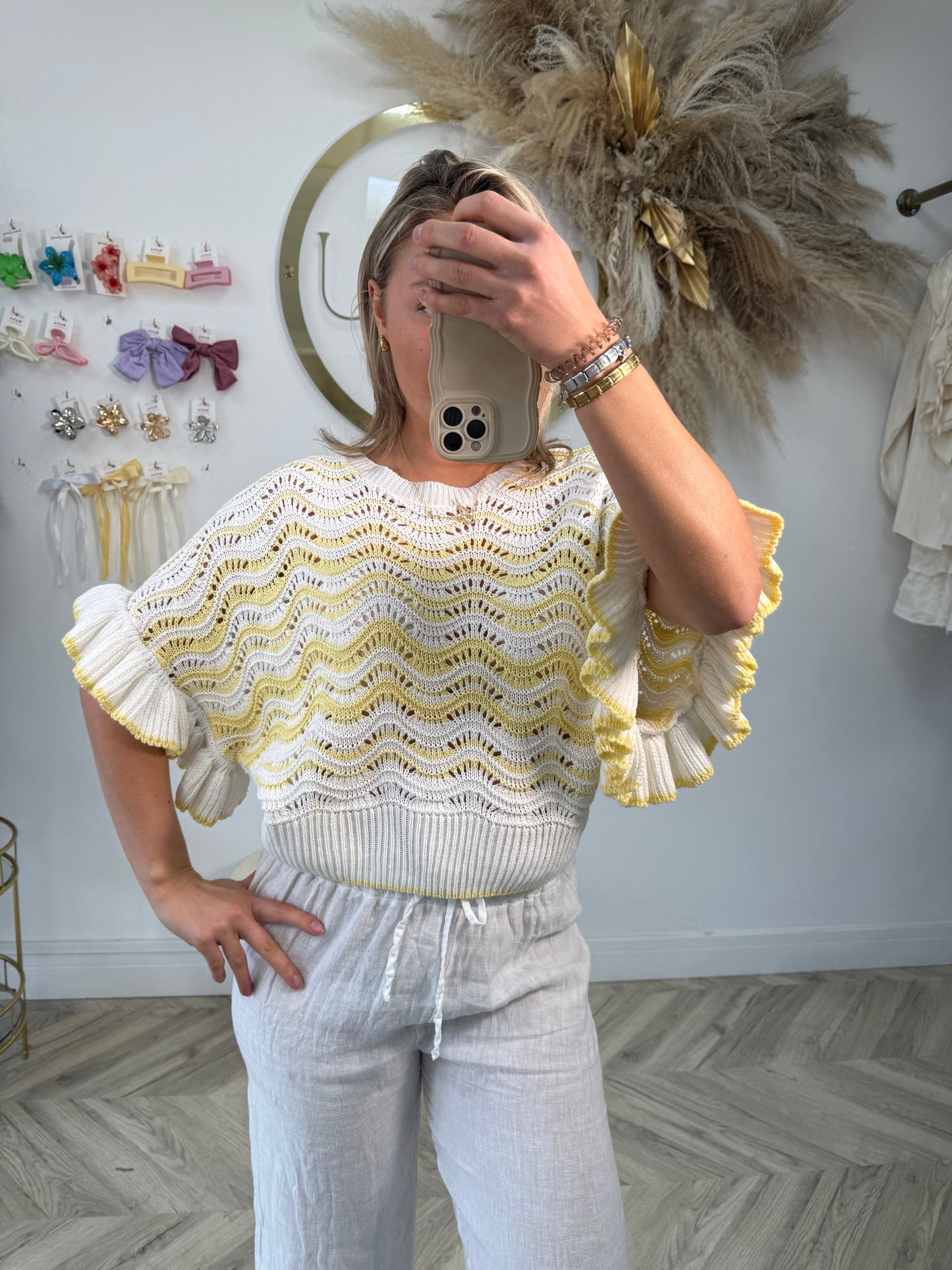 Issy Crochet Frilly Top - Lemon