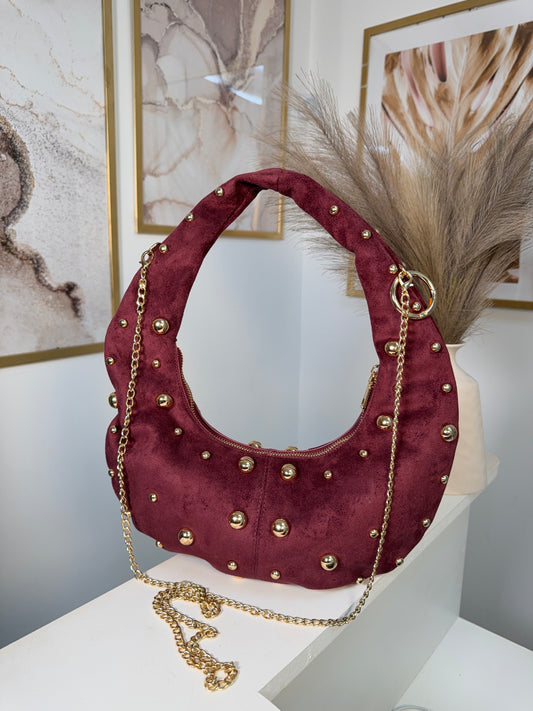Celeste Suede Gold Detailed Bag - BURGUNDY