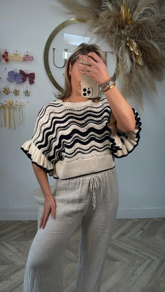 Issy Crochet Frilly Top - Navy