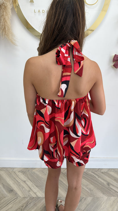 Jess Silk Halter-neck Two Peice - Red