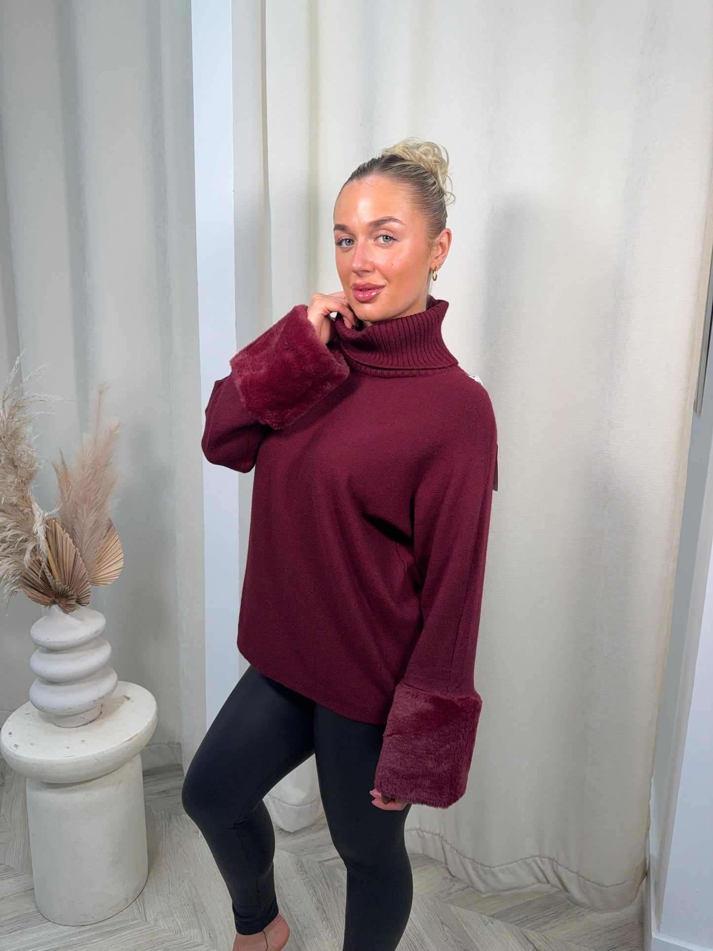 Juliette High Neck Fur Sleeved Sweater - Burgundy