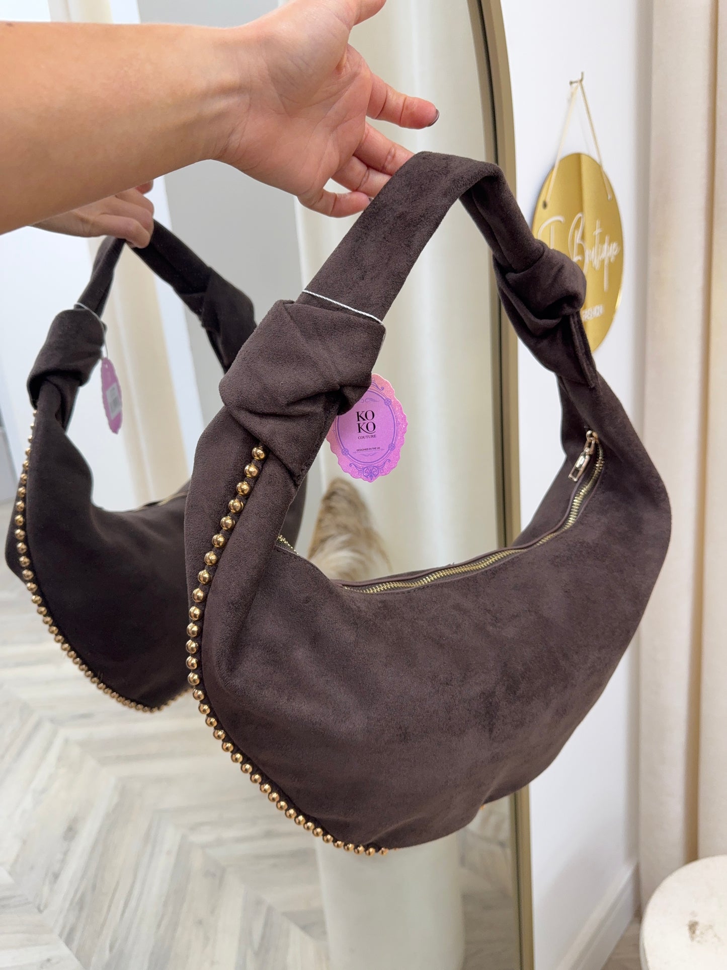 Gloria Studded Shoulder Bag - Dark Brown