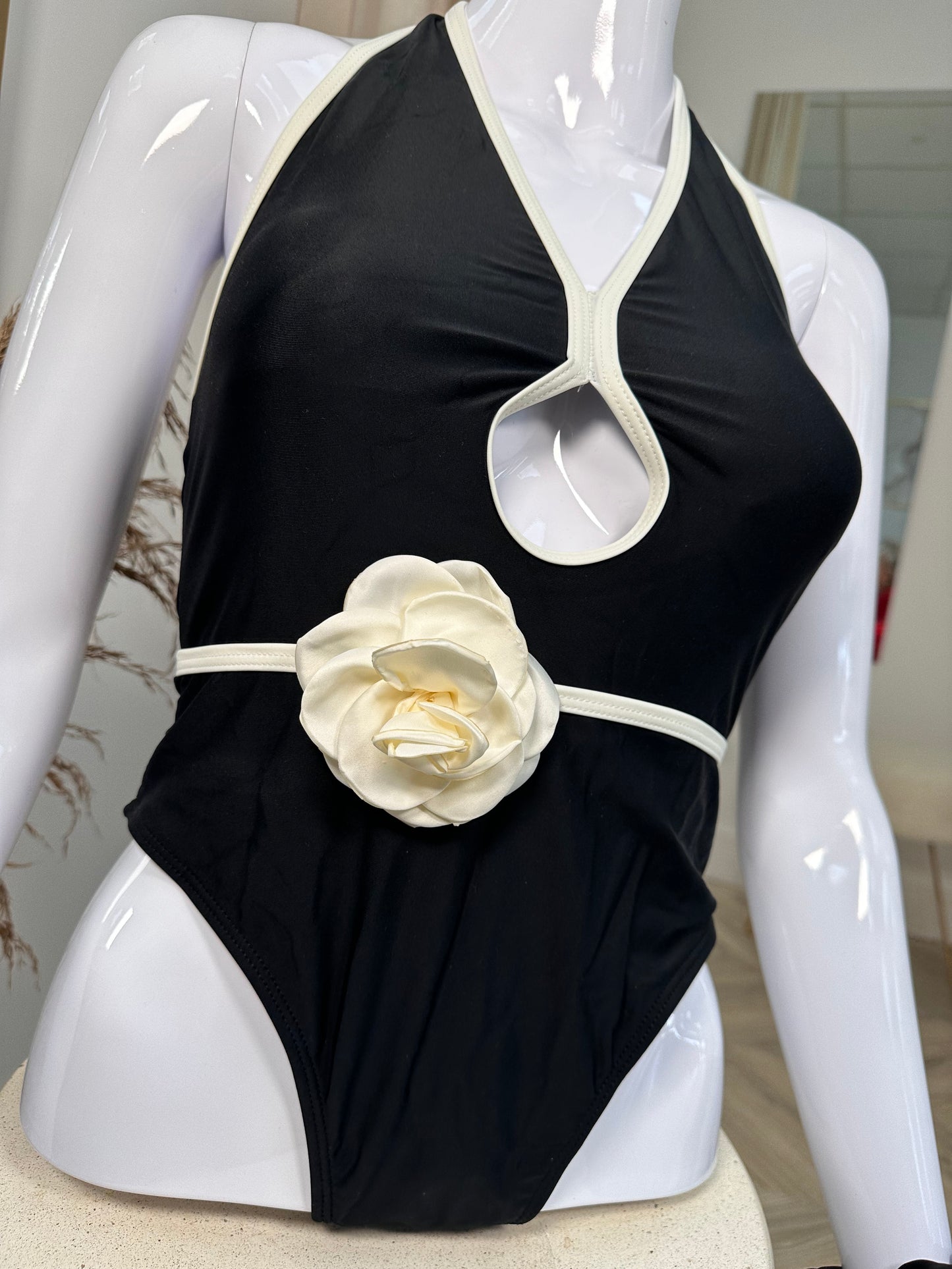 Black & White Contrast Ebony Swimsuit with Rose