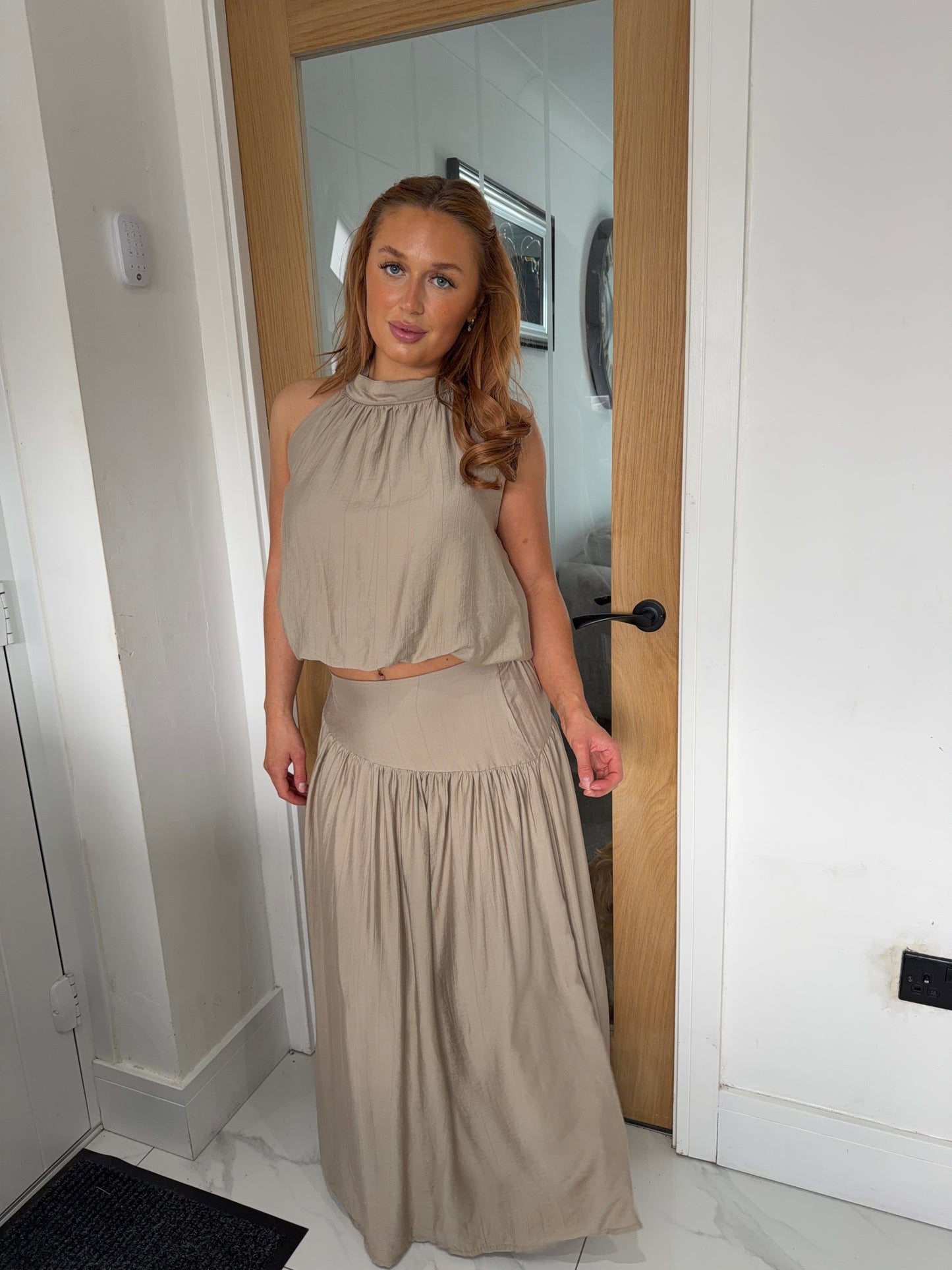 Ottilie Balloon Halterneck Top & Maxi Skirt Set - Beige