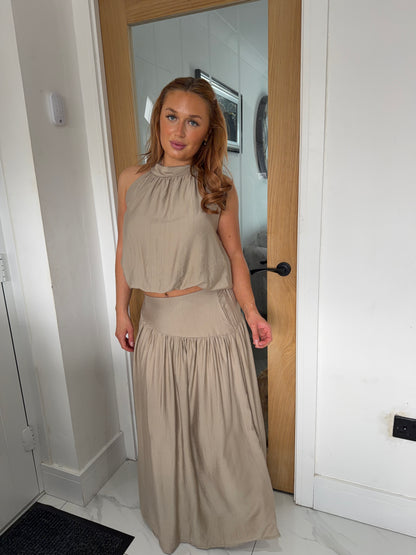 Ottilie Balloon Halterneck Top & Maxi Skirt Set - Beige