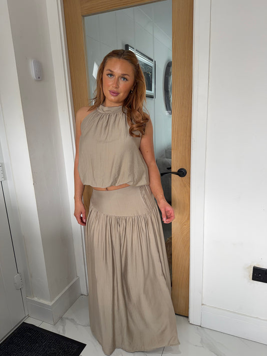 Ottilie Balloon Halterneck Top & Maxi Skirt Set - Beige