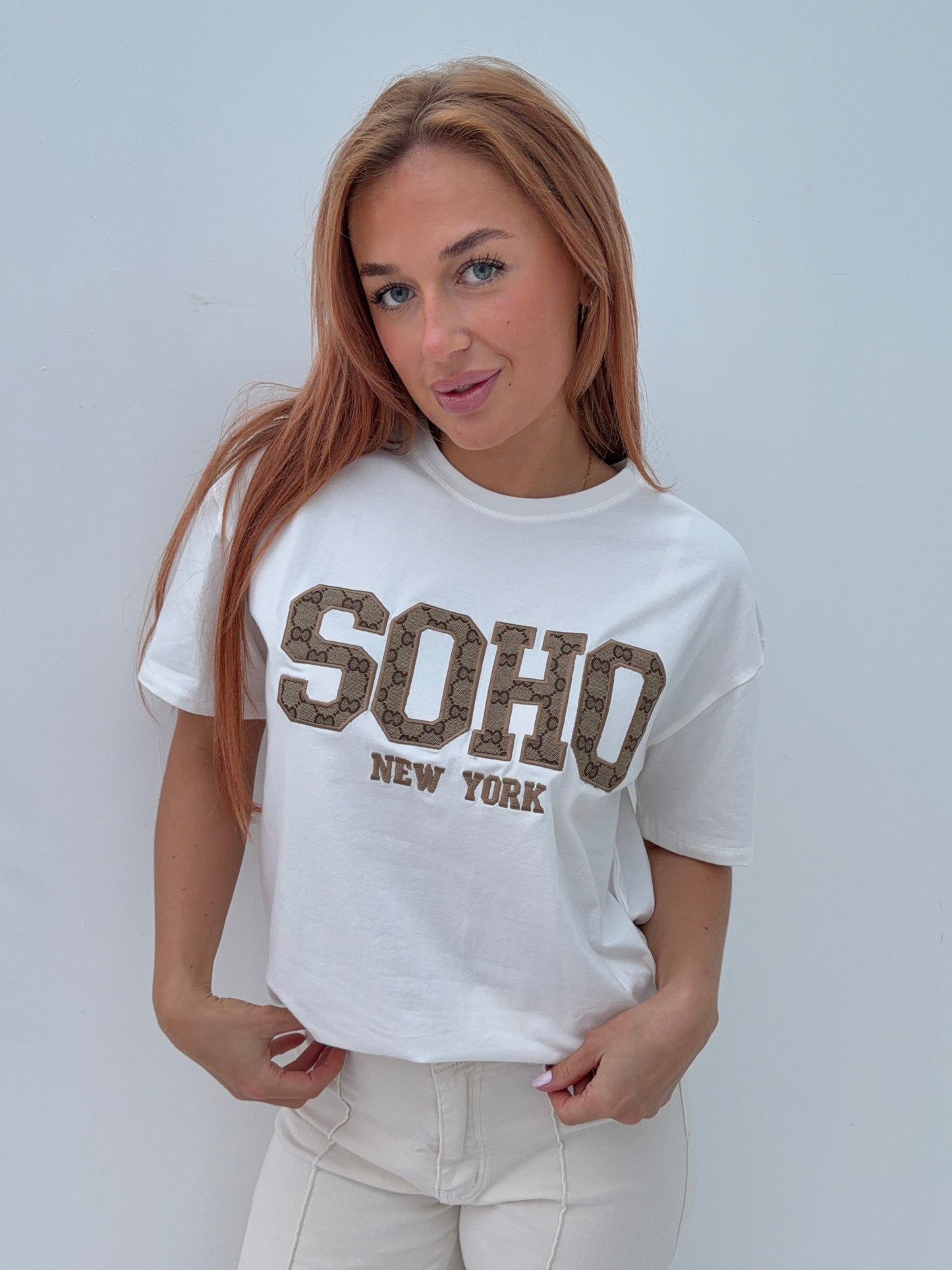 Soho Oversized Tee - White/Brown