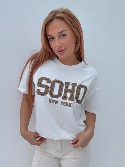 Soho Oversized Tee - White/Brown