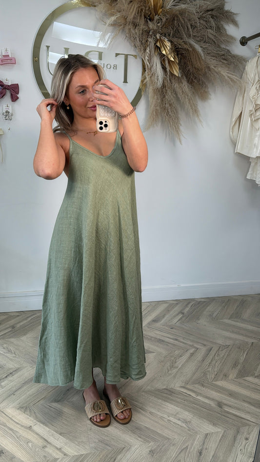 Hadlee Linen Strappy Maxi Dress - Khaki