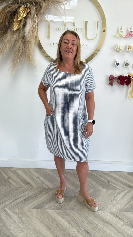 Alex Pinstriped Midi Dress - Navy