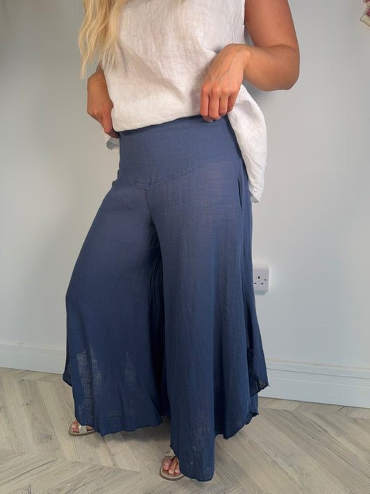 Linen Wide Plazio Trousers - Navy