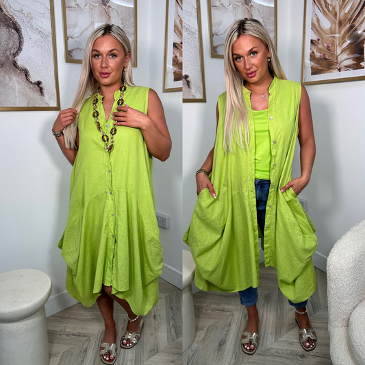 Lime Kate Linen Midi Buttoned Dress